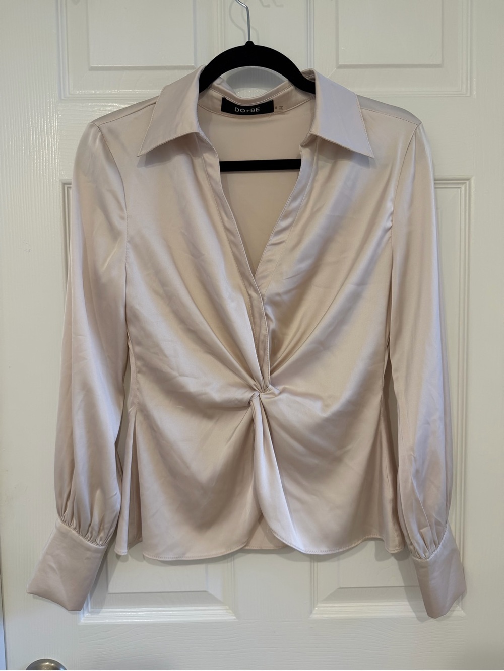 DO+BE Satin Twist-Front Button-Down Blouse in Cream